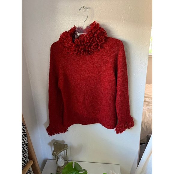 Gorgeous holiday lana wool red fringe turtleneck sweater boutique Christmas - Picture 3 of 11